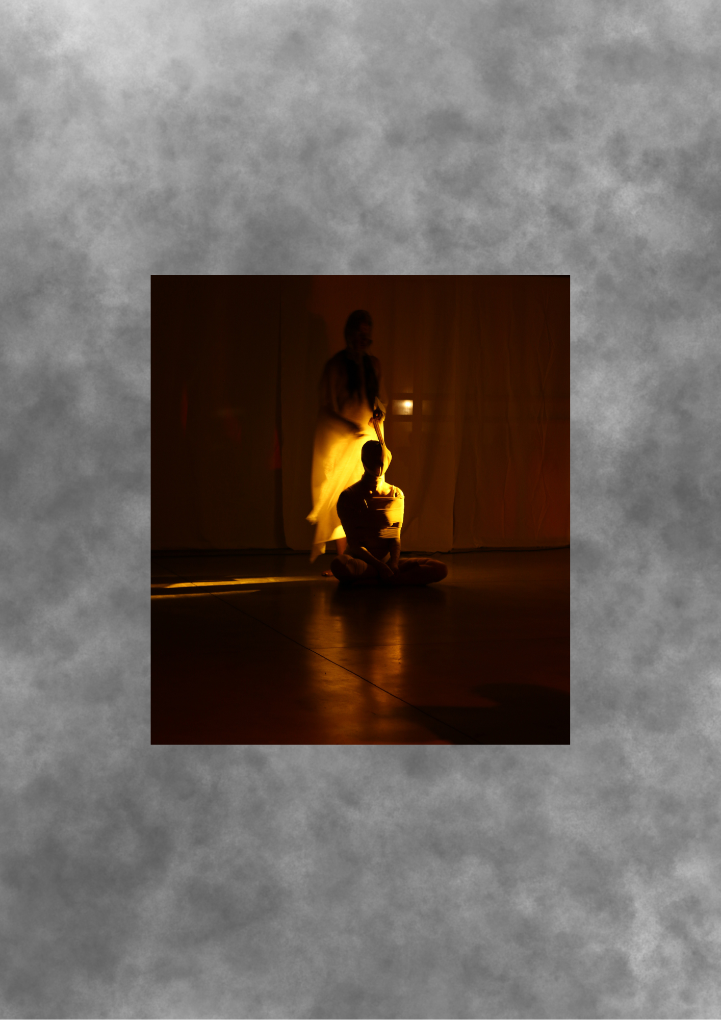 Warm amber performance scene with a seated figure at center.